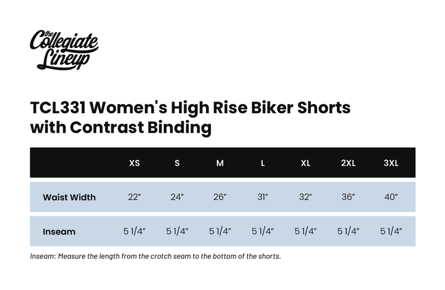Size chart for Women’s High Rise Biker Short with Contrast Binding