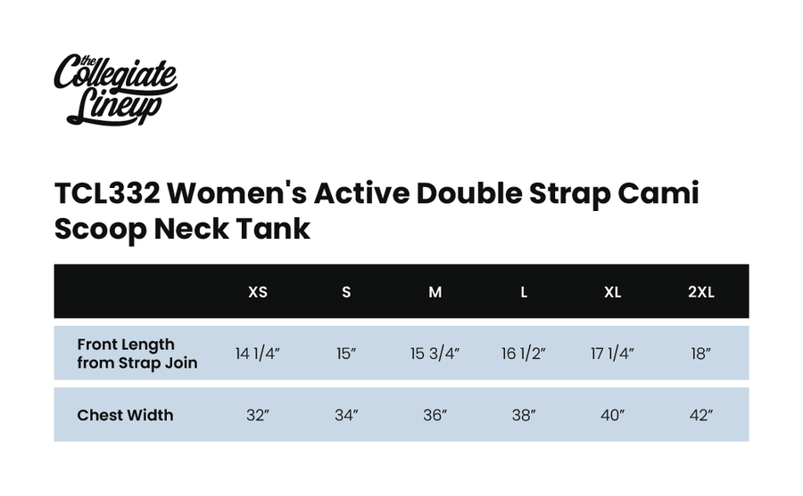 Size chart for Women’s Active Double Strap Cami Scoop Neck Tank