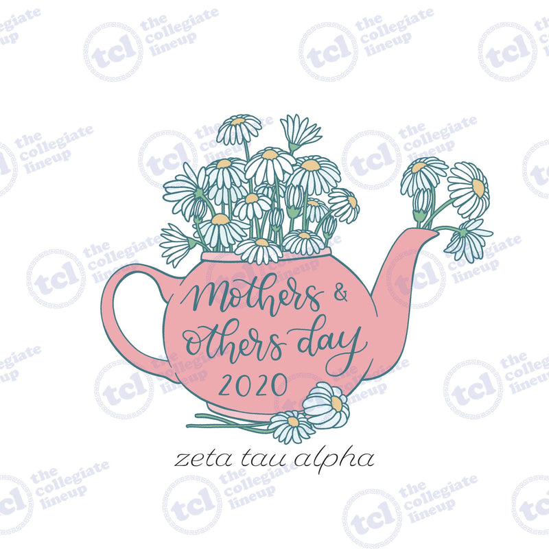 A graphic design for Zeta Tau Alpha Mothers & Others Day 2020 featuring a pink teapot filled with white daisies and the organization's name at the bottom.