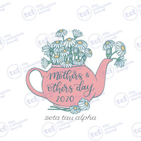 A graphic design for Zeta Tau Alpha Mothers & Others Day 2020 featuring a pink teapot filled with white daisies and the organization's name at the bottom.