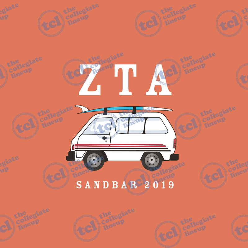 A graphic design for Zeta Tau Alpha featuring the letters 'ZTA' above a white van with a surfboard, with 'SANDBAR 2019' text at the bottom on a terracotta background.