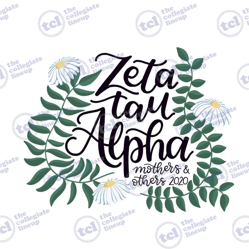 A graphic design for Zeta Tau Alpha 'Mothers & Others 2020' featuring black script text encircled by green leaves and white daisies.