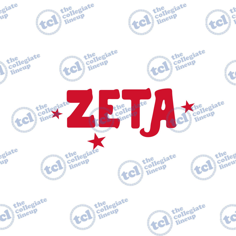 A graphic design featuring the word 'ZETA' in a bold, wavy red font, surrounded by three red stars on a white background.