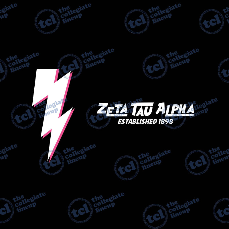 A graphic design for Zeta Tau Alpha featuring a white lightning bolt with a pink shadow and the text 'ZETA TAU ALPHA ESTABLISHED 1898' against a black background.