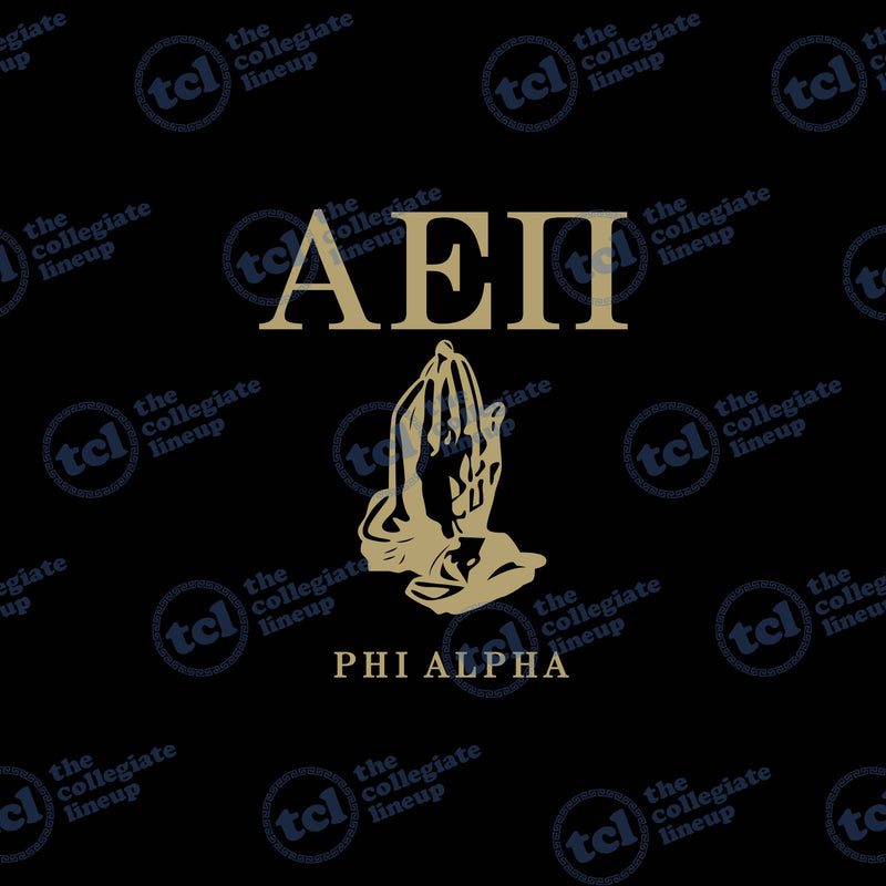 Alpha Epsilon Pi fraternity design featuring gold Greek letters ΑΕΠ, praying hands graphic, and the text PHI ALPHA on a black background.