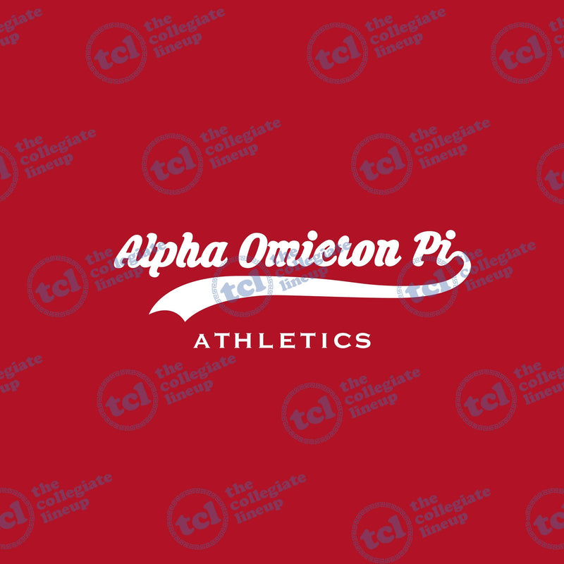 Alpha Omicron Pi Athletics graphic design featuring white script and block lettering with a swoosh element on a red background.