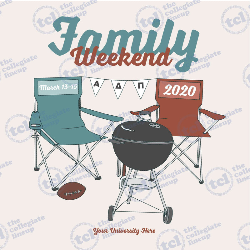 Graphic design for Alpha Delta Pi Family Weekend 2020 featuring a tailgate scene with teal and terracotta red folding chairs, a charcoal grill, and a football.