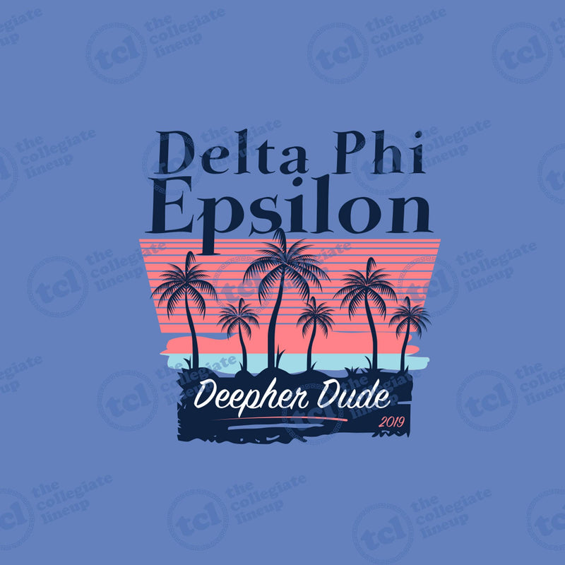 Graphic design for Delta Phi Epsilon's Deepher Dude 2019 event, featuring navy palm tree silhouettes against a coral and teal sunset on a blue background.
