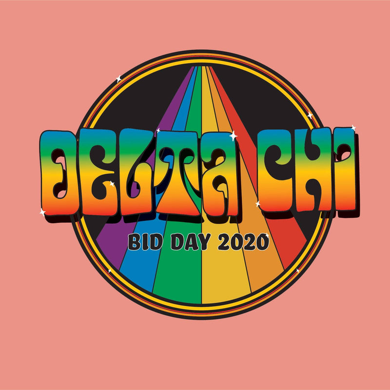 A retro-themed Delta Chi Bid Day 2020 graphic featuring groovy bubble letters and a rainbow sunburst inside a black circle on a pink background.