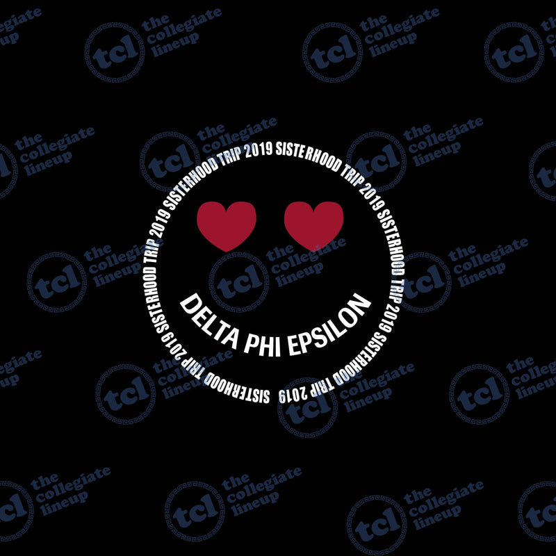 Graphic design for a Delta Phi Epsilon Sisterhood Trip 2019, featuring a smiley face composed of circular white text and red heart eyes on a black background.