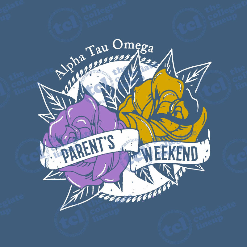 Graphic design for Alpha Tau Omega Parent's Weekend featuring a purple and a yellow rose with a white banner on a blue background.