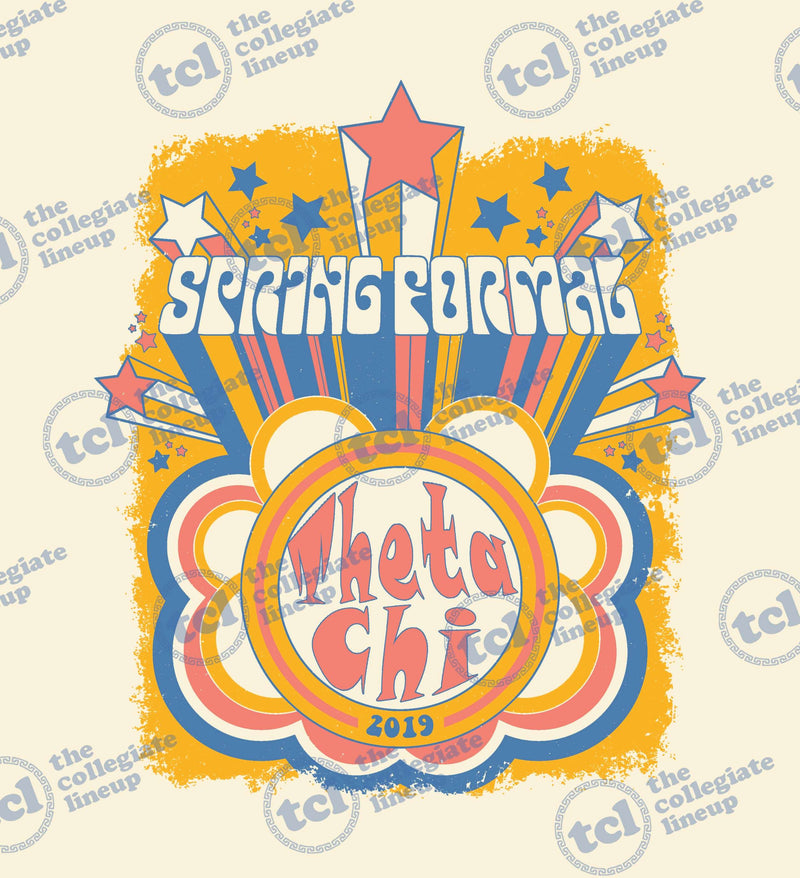 A vintage-style graphic for Theta Chi's 2019 Spring Formal, featuring red and blue stars, radiating stripes, and distressed textures in a 70s psychedelic aesthetic.