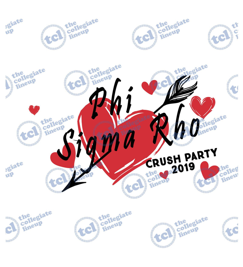Graphic design for a Phi Sigma Rho 2019 Crush Party featuring a large red heart pierced by a black arrow, script lettering, and smaller red hearts.