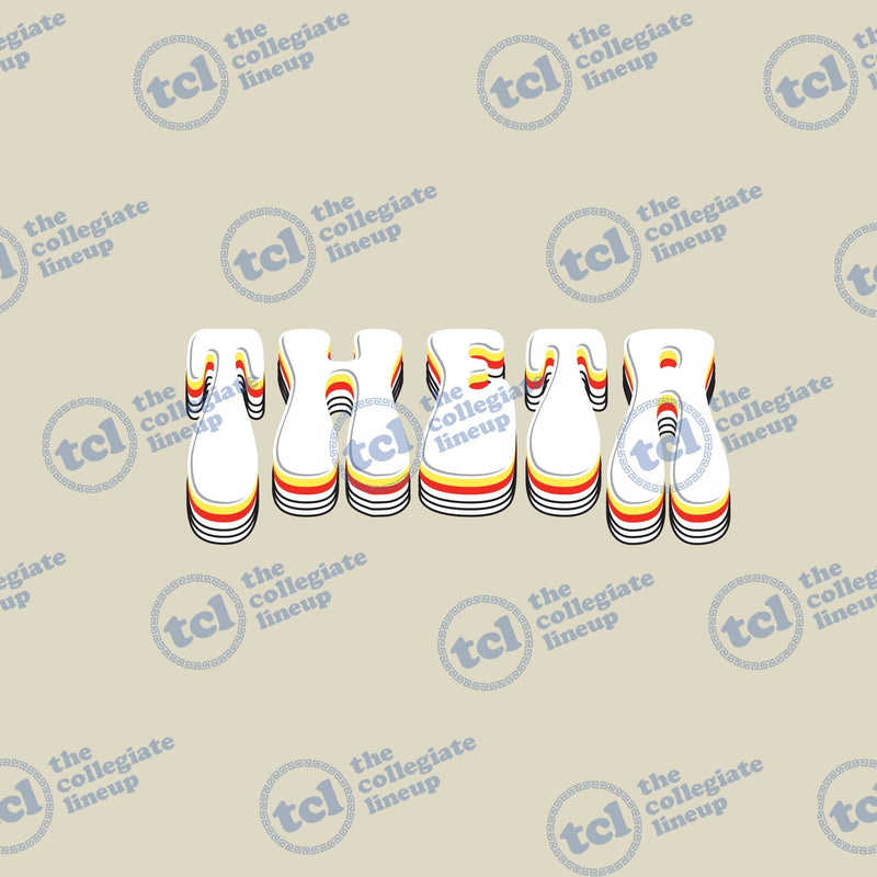 A graphic design featuring the word 'THETA' in white 3D bubble letters with a layered, melting effect in red, yellow, and orange colors.