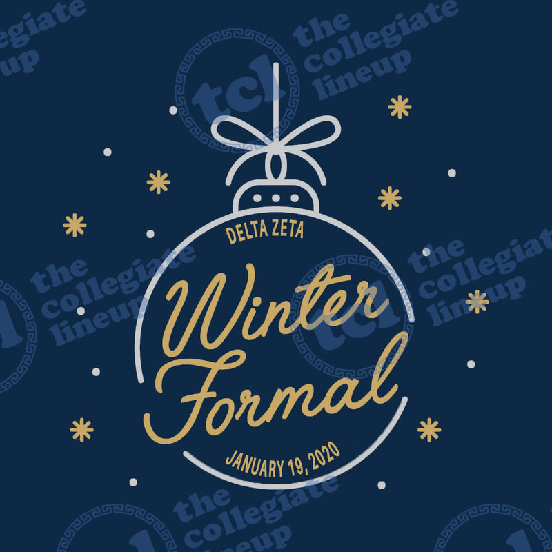 A graphic design for a Delta Zeta Winter Formal held on January 19, 2020, featuring a white line-art ornament with gold script text on a navy blue background accented with gold stars.