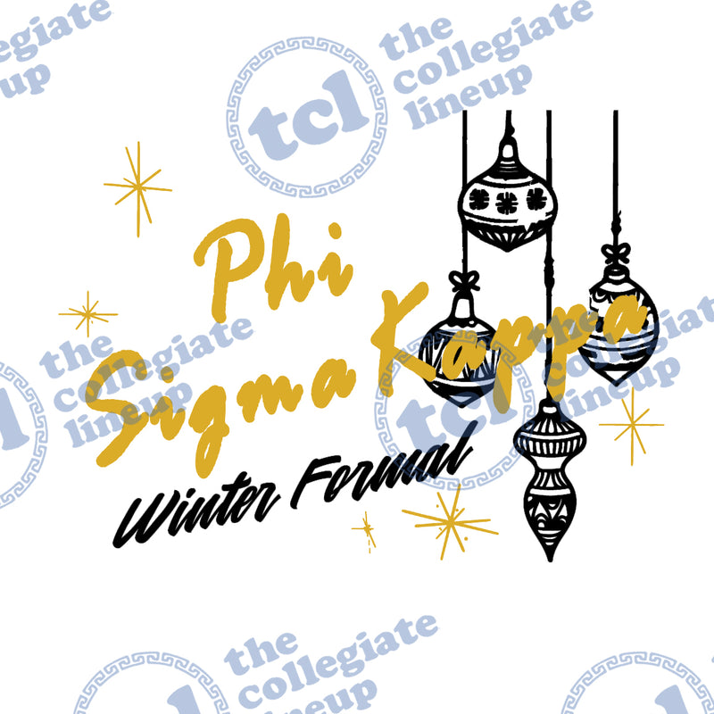 Graphic design for Phi Sigma Kappa Winter Formal featuring gold script lettering, black hanging ornaments, and gold starbursts on a white background.