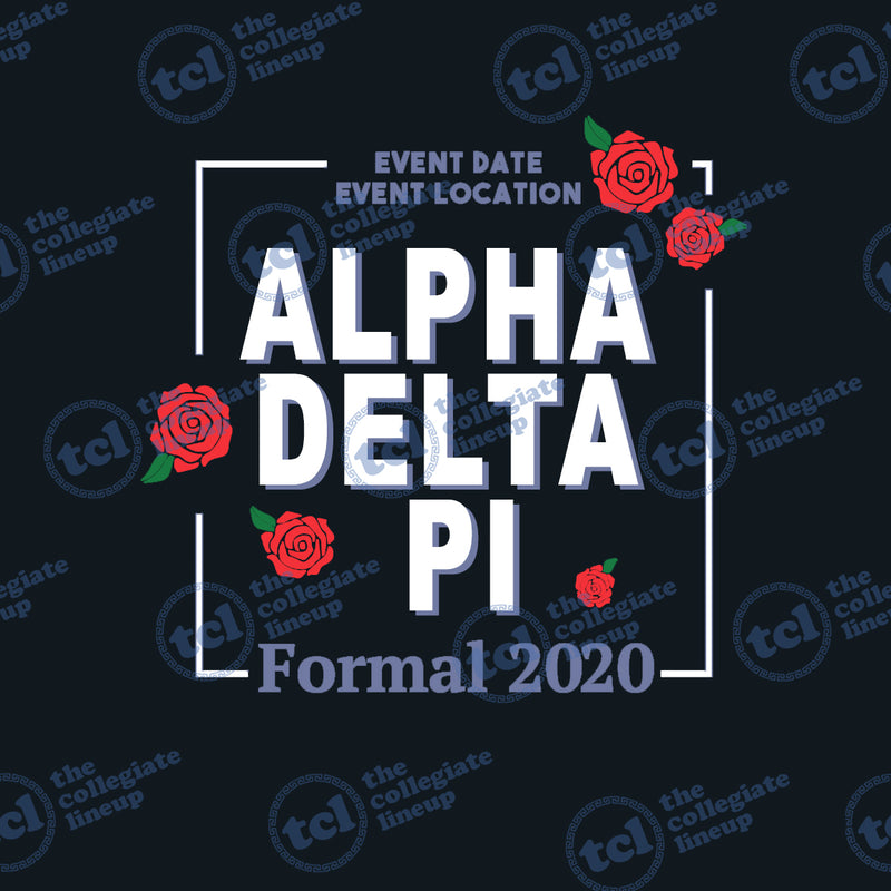 Graphic design for Alpha Delta Pi Formal 2020 featuring bold white typography, red roses, and a white frame on a navy blue background.
