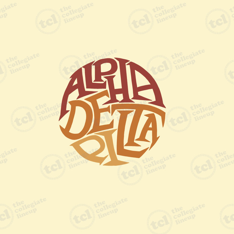 A circular typographic design for Alpha Delta Pi, featuring the sorority name in stylized red, orange, and gold lettering on a cream background.