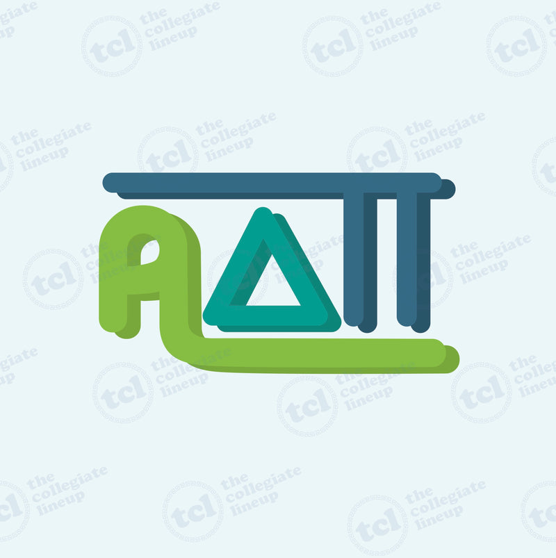 Graphic design of the Greek letters Alpha Delta Pi in a stylized, rounded font with green, teal, and navy blue colors and shadows.