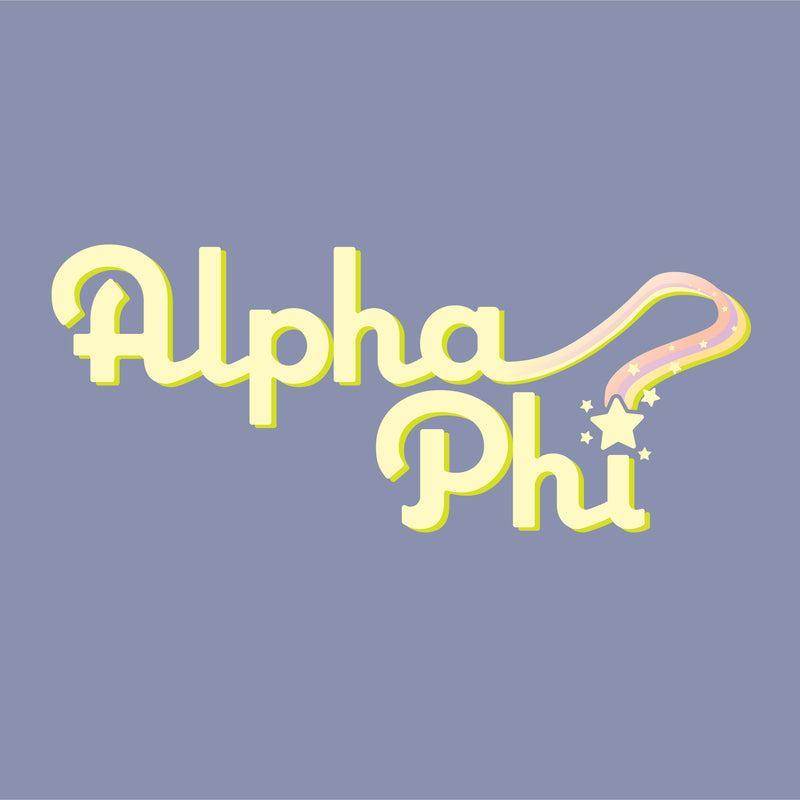 Alpha Phi sorority design featuring retro yellow script text with a shooting star and pastel rainbow trail on a periwinkle background.