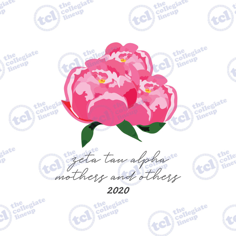 A Zeta Tau Alpha graphic featuring pink peonies and the text 'mothers and others 2020' in black script.