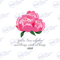 A Zeta Tau Alpha graphic featuring pink peonies and the text 'mothers and others 2020' in black script.
