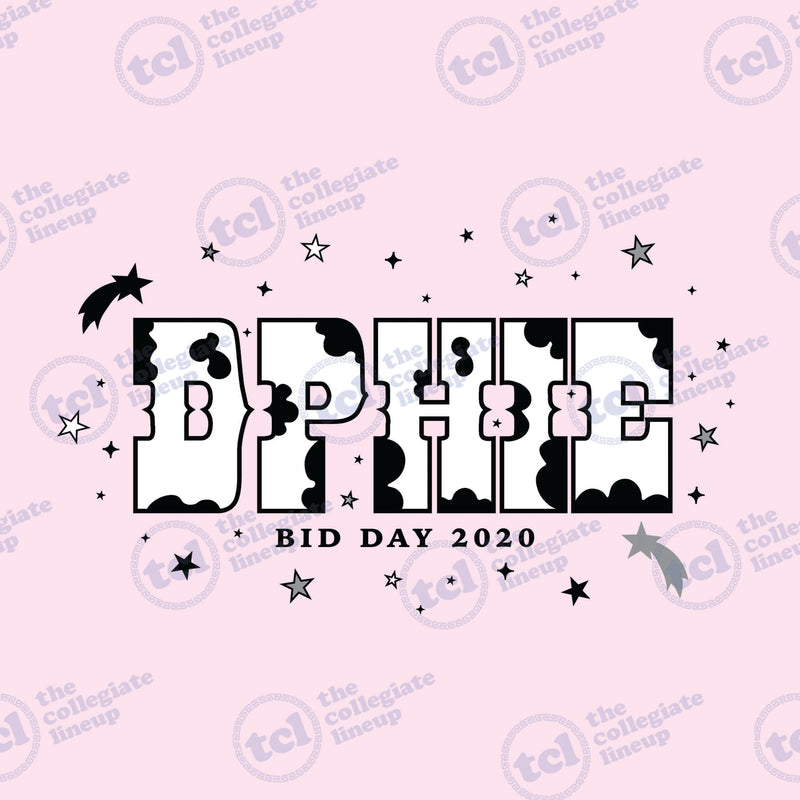 A graphic design for Delta Phi Epsilon Bid Day 2020 featuring the letters 'DPHIE' in a Western font with a black and white cow print pattern, surrounded by stars on a light pink background.