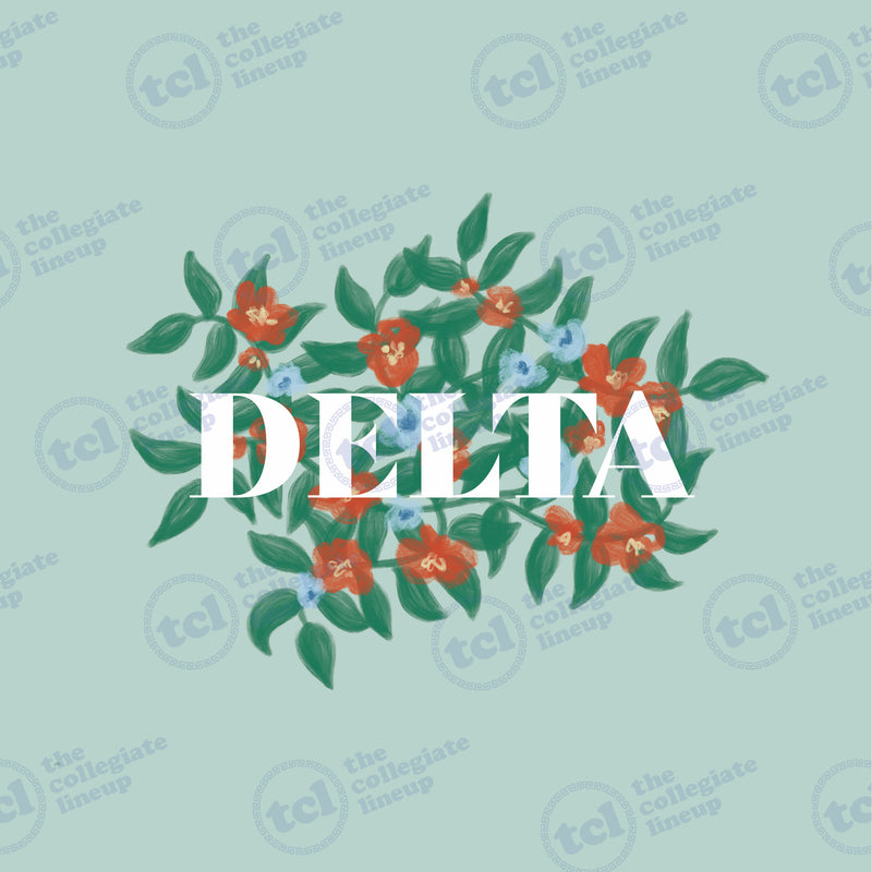 A graphic design featuring the word 'DELTA' in white serif letters over an illustration of red and light blue flowers with green leaves on a pale teal background.