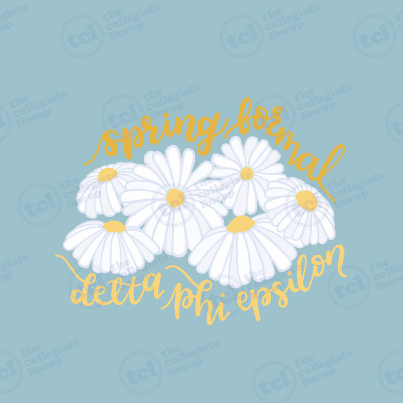 A light blue graphic design for Delta Phi Epsilon's Spring Formal, featuring yellow script lettering and a cluster of white daisies.
