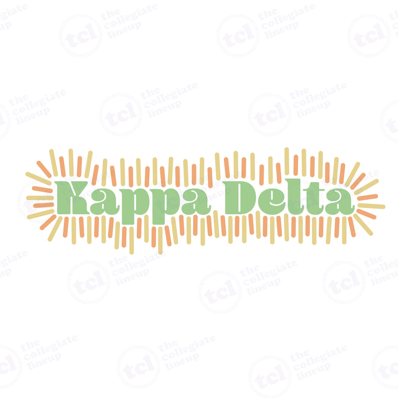 A graphic design for Kappa Delta featuring the sorority's name in a sage green rounded font, surrounded by a sunburst pattern of muted orange and pale yellow vertical lines.