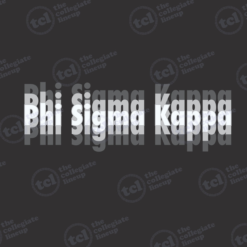 A typographic graphic design for Phi Sigma Kappa featuring white text with a motion blur effect on a dark grey background with a repeating logo pattern.