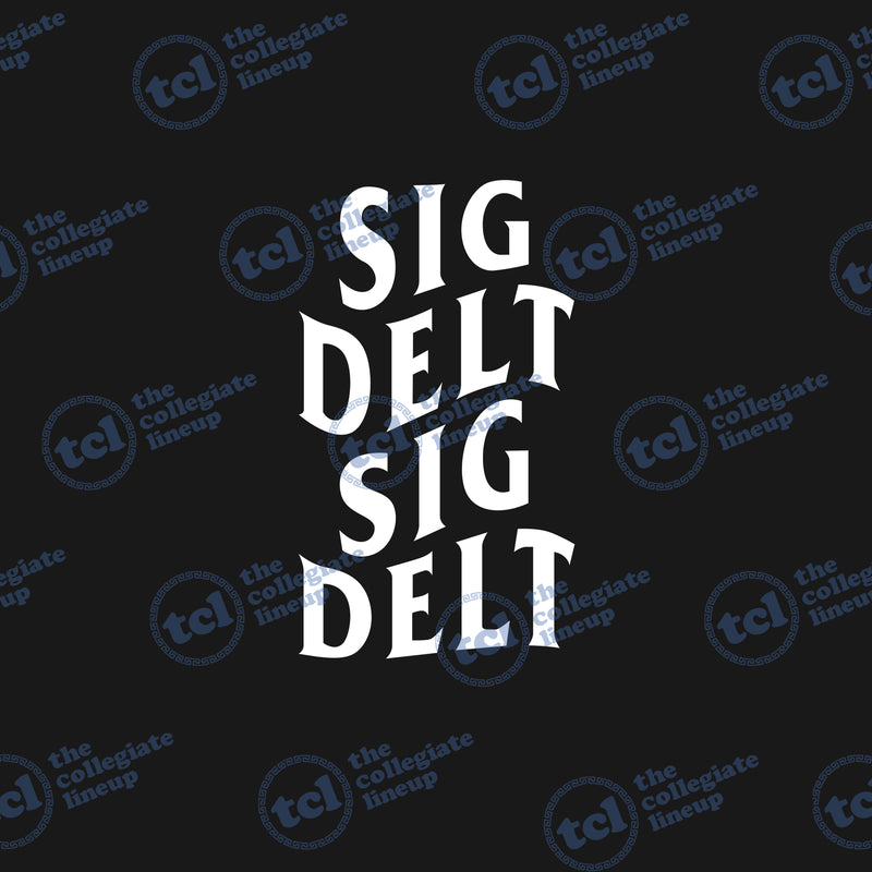 A graphic design for Sigma Delta Tau featuring the words 'SIG DELT' repeated four times in a stacked, wavy white font against a black background, mimicking the Anti Social Social Club logo style.