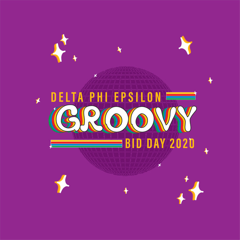 A purple graphic for Delta Phi Epsilon Bid Day 2020 featuring the word 'GROOVY' in retro bubble letters with a rainbow drop shadow, set against a disco ball and scattered stars.