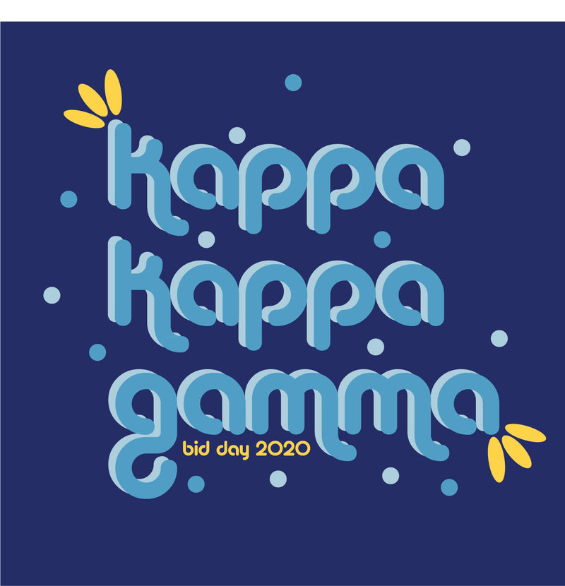 A 3D graphic design for Kappa Kappa Gamma Bid Day 2020 featuring light blue bubbly text on a navy blue background with yellow petal accents.